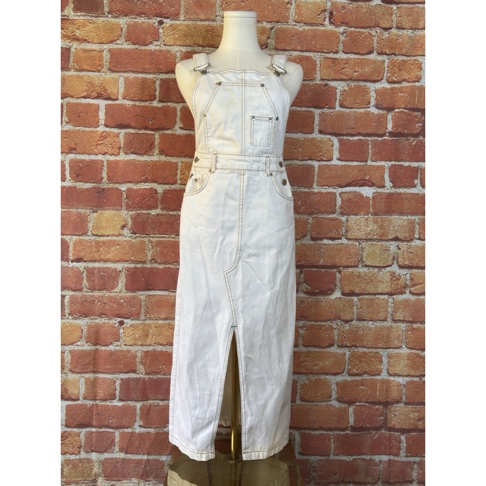 Zara The Bib Overall Utility Midi Skirt Dress Size XS White 100% Cotton